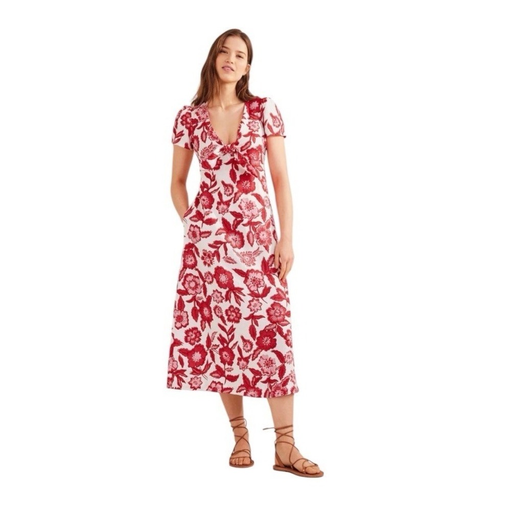 Boden Tie Front Linen Midi Dress Pop Peony Pansy Bloom Womens Size 10P Red White